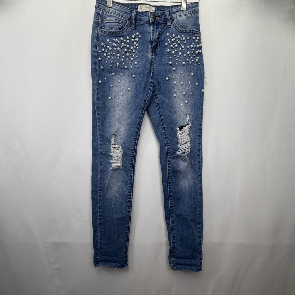 Angel Kiss Pearl Detail Jeans Women Juniors 7 Blue Skinny Destructed Rolled Cuff